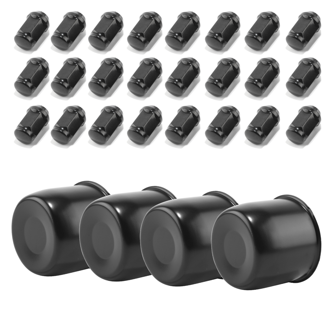 The 5/6 lug Trailer Lug and Cap Sets Stainless Push Thru Center Caps With Carbon Steel Lug Nuts For 4.25" Center Hole For Standard 1/2"-20 60 Degree Diameter Stud.