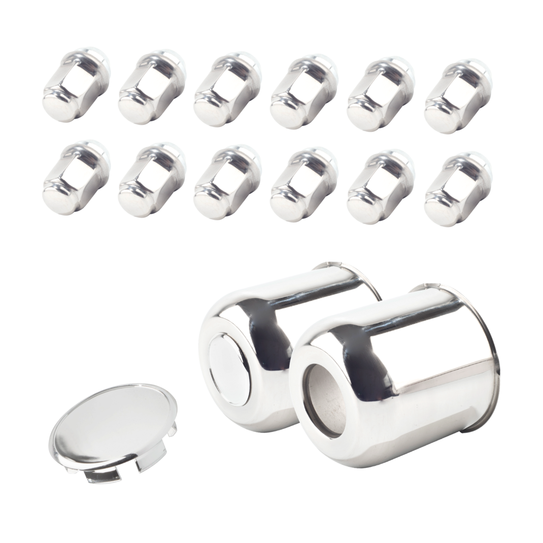 The 5/6 lug Trailer Lug and Cap Sets Stainless Push Thru Center Caps With Stainless Lug Nuts For 4.25" Center Hole For Standard 1/2"-20 60 Degree Diameter Stud.