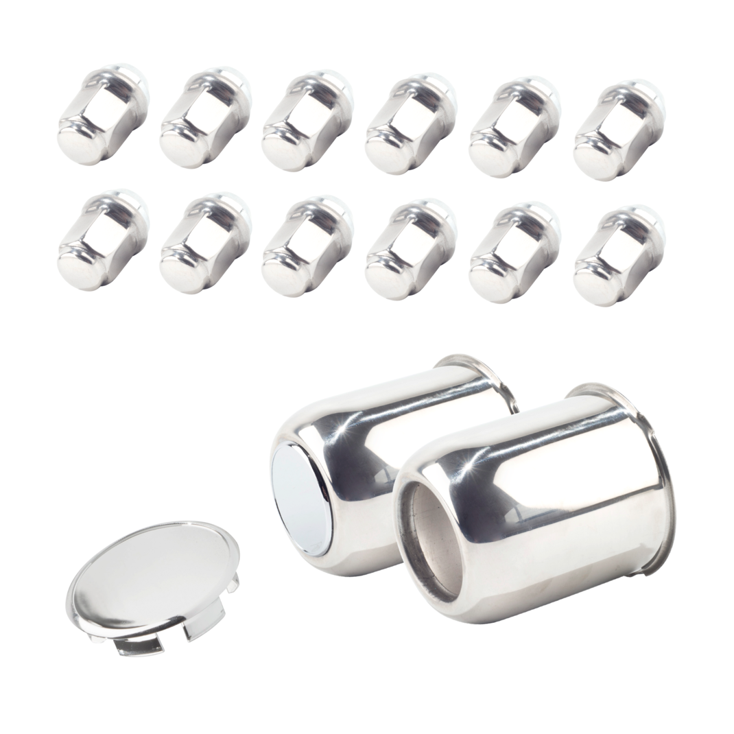 The 5-lug Trailer Stainless Wheel Lug and Cap Sets Stainless Push Through Center Caps With Stainless Lug Nuts For 3.19" Center Hole For Standard 1/2"-20 60 Degree Diameter Stud