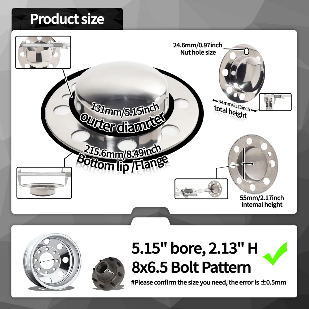 5.15in Trailer Wheel Center Caps Front Dually 8 Lug Stainless(2)